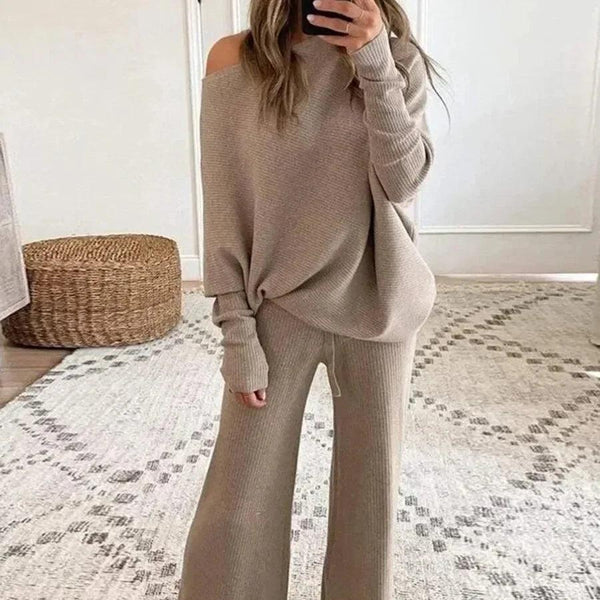 New Women's 2pcs Clothes Set Solid Color Round Neck Long Sleeve Casual Top & Loose Wide Leg Pants Home Wear