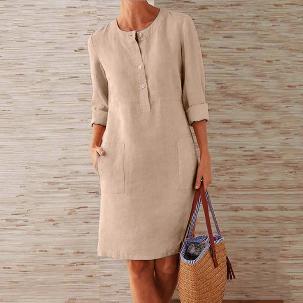 Lady Cotton Linen Dress Retro Women Button Single Breasted Knee Length Solid Color Causal Dress Beach Sundress Vestidos